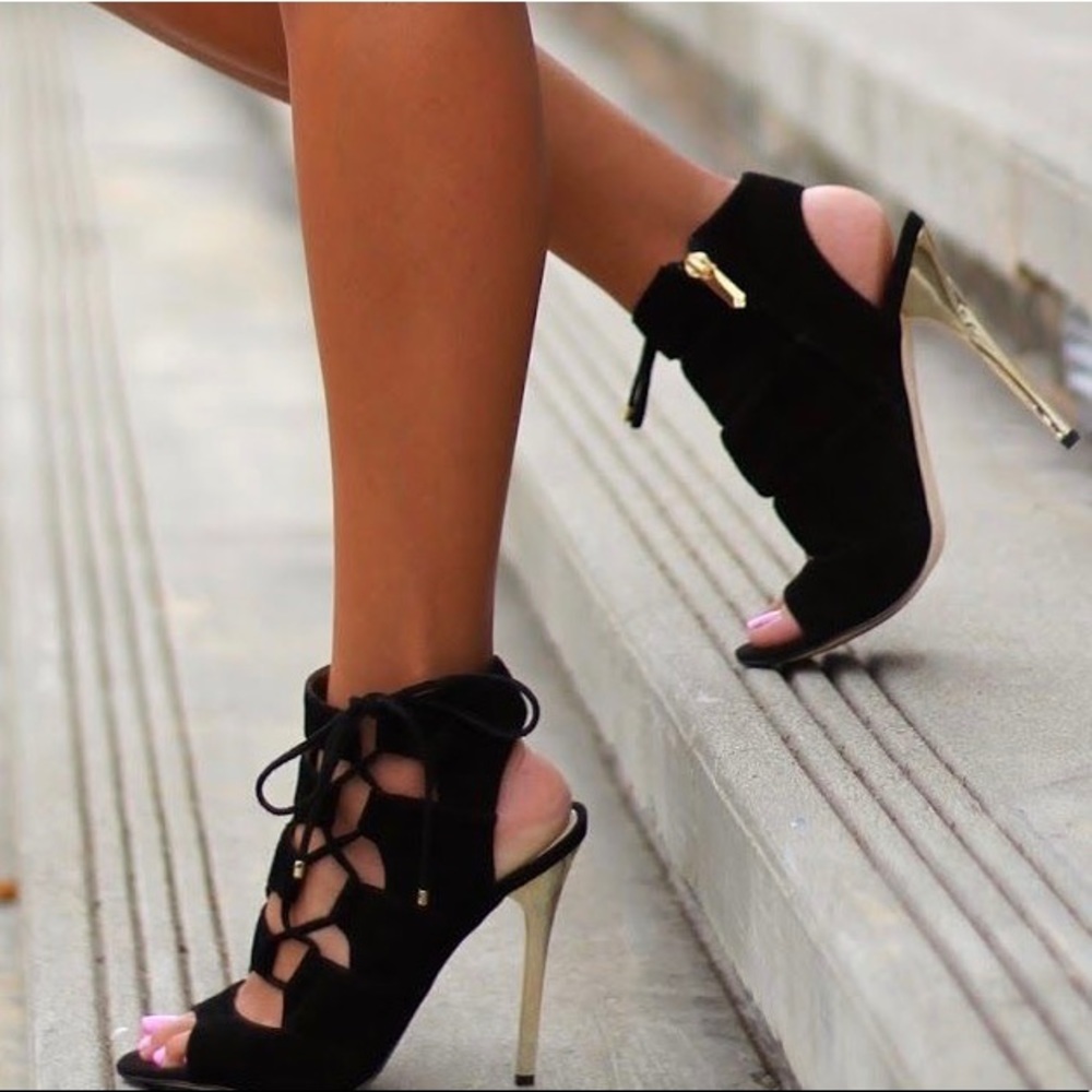 Sam Edelman Palma black suede pumps, gold heels